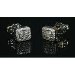 A pair of white gold diamond set rectangular halo cluster earrings,