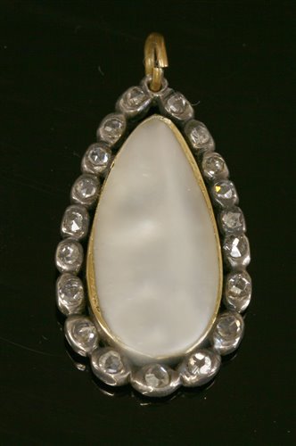 An early Victorian blister pearl and diamond drop pendant,