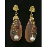 A pair of Italian rose gold, stained chalcedony, tourmaline and cultured freshwater pearl earrings