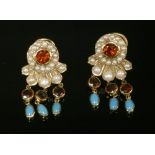 A pair of gold garnet, cultured pearl and turquoise drop earrings