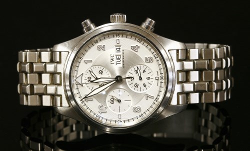 A gentlemen's stainless steel IWC Schaffhausen Pilot pit fire chronograph automatic bracelet watch