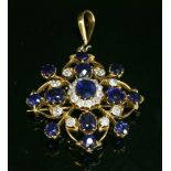 A Victorian sapphire and diamond gold brooch/pendant, c.1890,