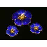 A Danish sterling silver and enamel dog rose brooch and earring suite