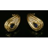 A pair of gold, sapphire and diamond earrings