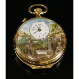 A cased gold-plated Charles Reuge à Sainte-Croix musical automata alarm pocket watch,
