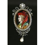 A French silver and gold Limoges, enamel diamond and pearl set brooch/pendant,