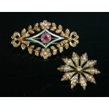 An Edwardian gold, pink tourmaline, split pearl and enamel lozenge shaped brooch