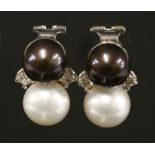 A pair of Italian white gold cultured pearl and diamond earrings