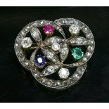 An Austrian sapphire, ruby and diamond triple crescent brooch,