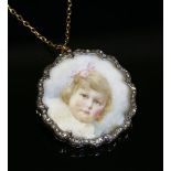 An Edwardian diamond set painted miniature brooch/pendant,