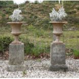 A pair of cast iron urns