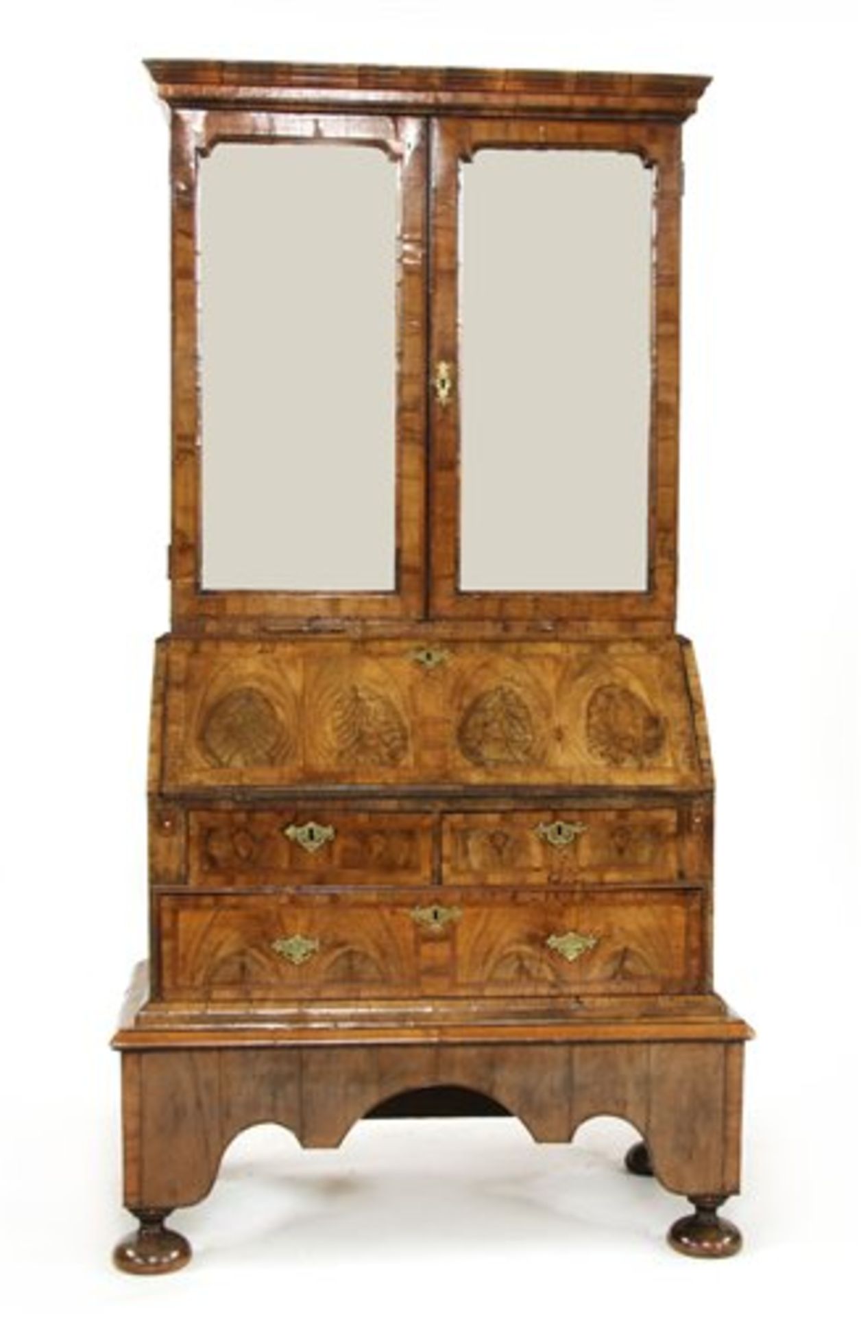 A walnut, feather-banded and fruitwood bureau cabinet on stand
