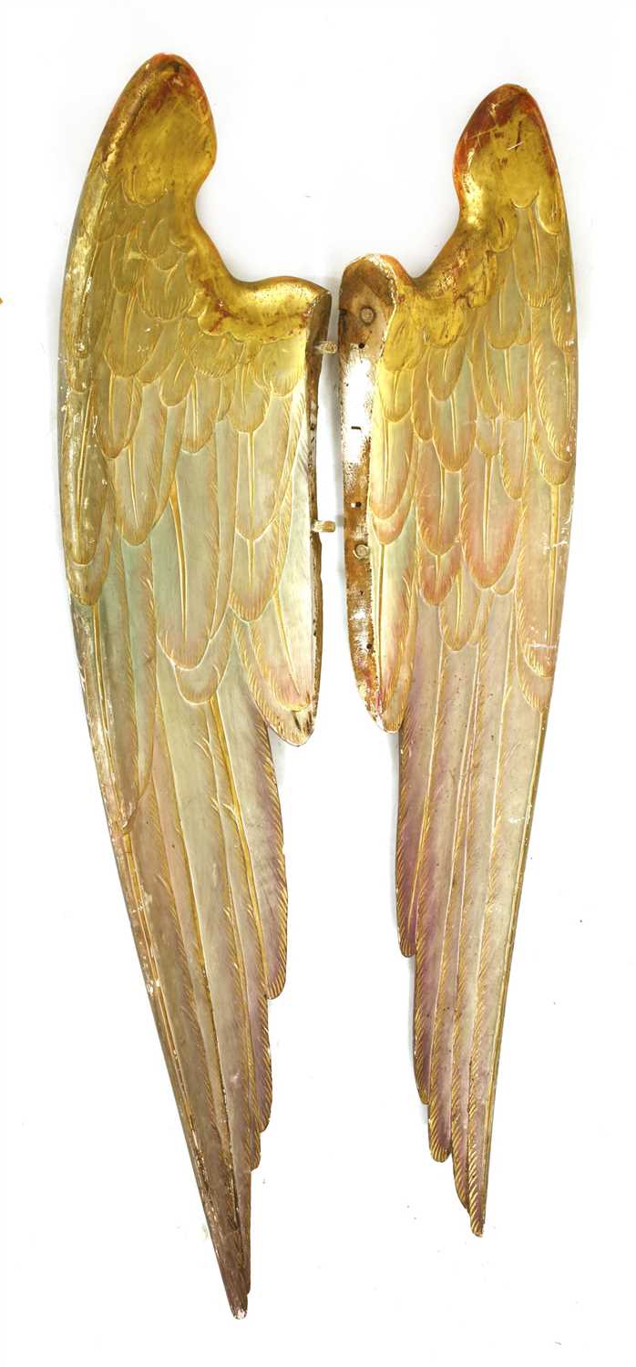 A pair of carved wooden painted and gilt angel wings, - Image 2 of 2