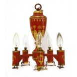 A red toleware five-branch electrolier,