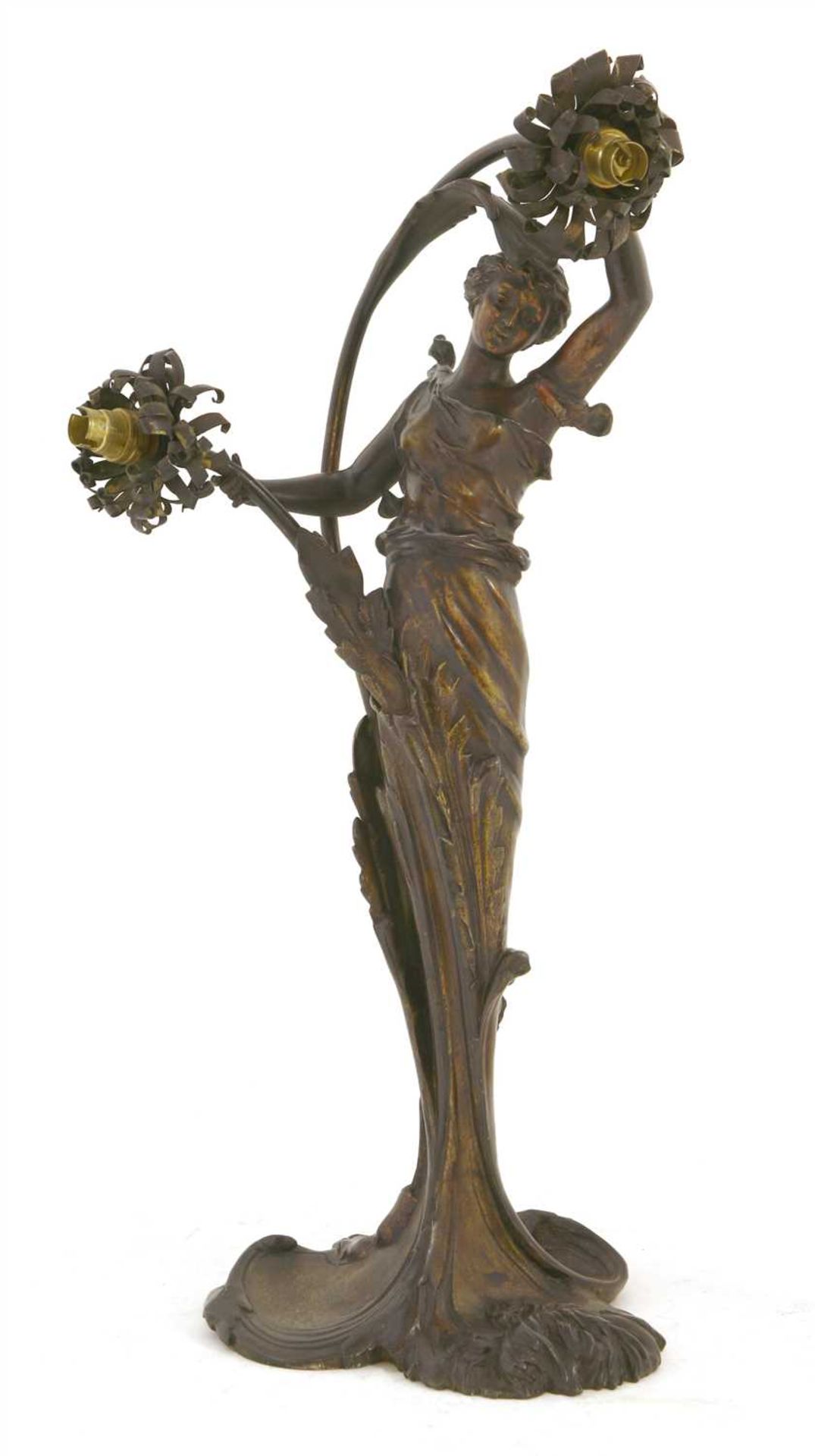 An Art Nouveau spelter two-light table lamp