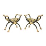 A pair of Regency-style ebonised and parcel-gilt stools,