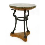 A Regency oak, iron and marble-topped guéridon,