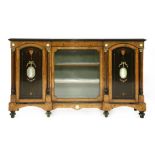 An ebonised and burr walnut inlaid credenza,