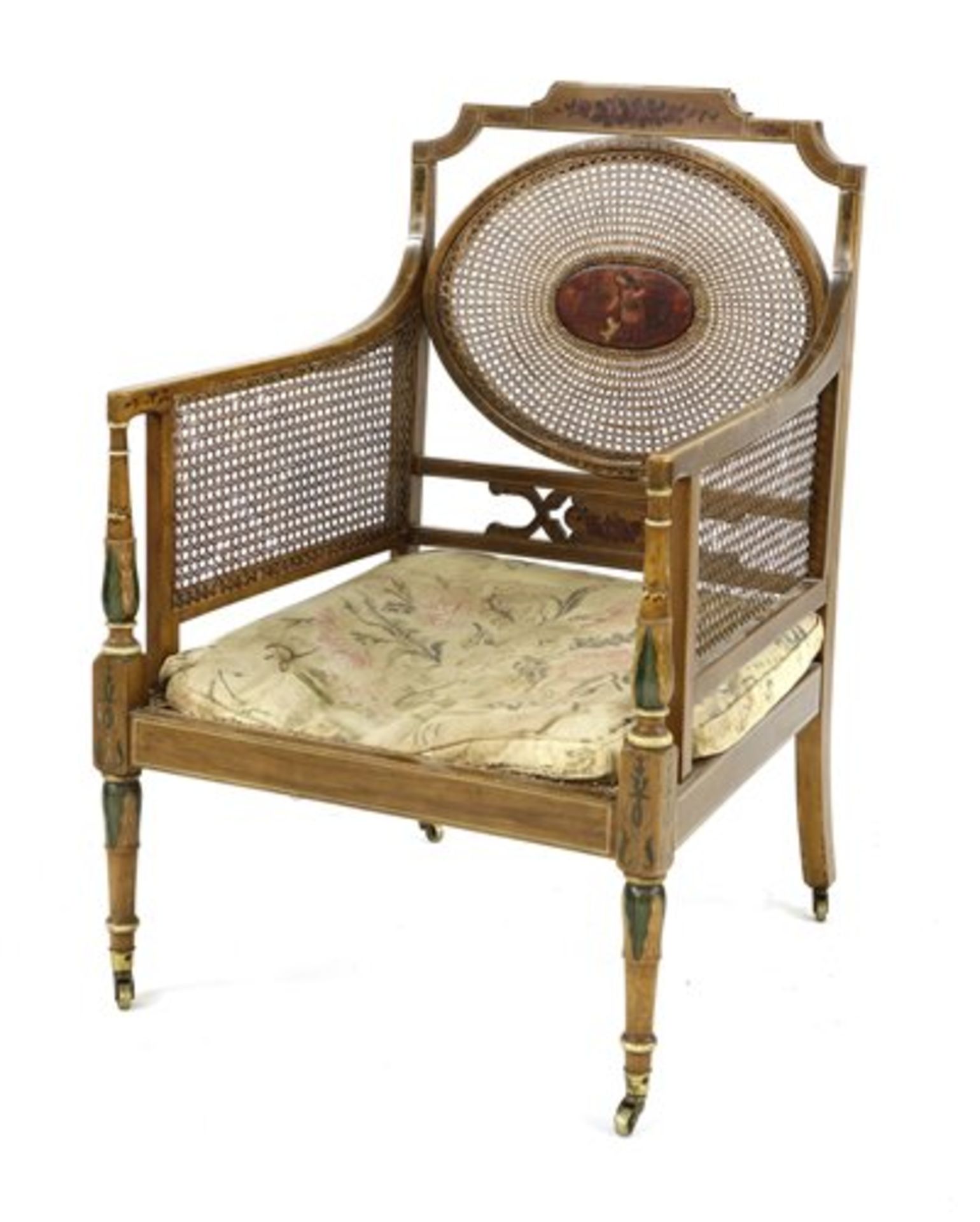 A Victorian Howard & Sons painted bergère armchair,