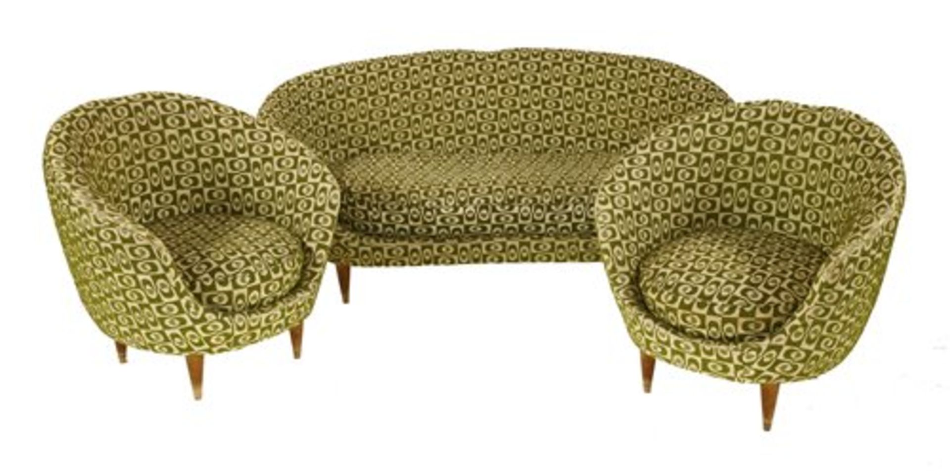 A three-piece suite, 1950s, with original green fabric upholstery, sofa 165cm wide chair 75cm wide