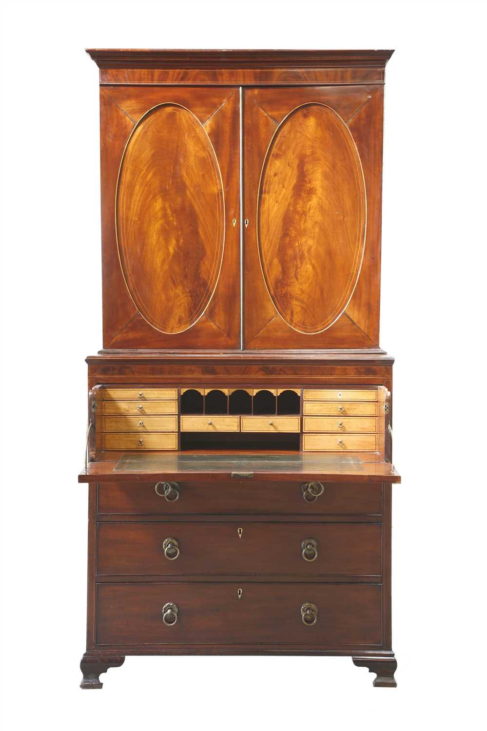 A George III strung mahogany secretaire bookcase,