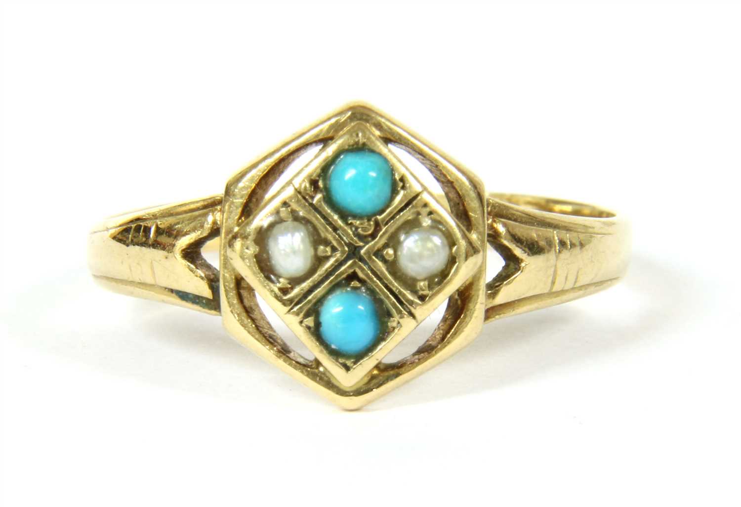 A gold turquoise and split pearl quadrafoil cluster ring,