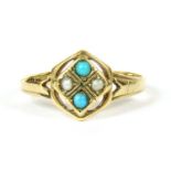 A gold turquoise and split pearl quadrafoil cluster ring,
