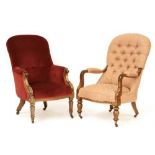 A Victorian mahogany open armchair in red velour,