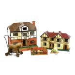 A doll's house and one other, together with dolls house furniture, a model zoo and farmhouse (qty)