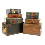 A collection of vintage luggage, to include two brown leather examples and other similar (7)