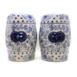 A pair of Chinese blue and white garden barrel stools,