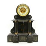 A Victorian black slate and variegated marble mantel clock,