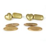 A pair of 15ct gold hollow heart and cushion shaped cufflinks,