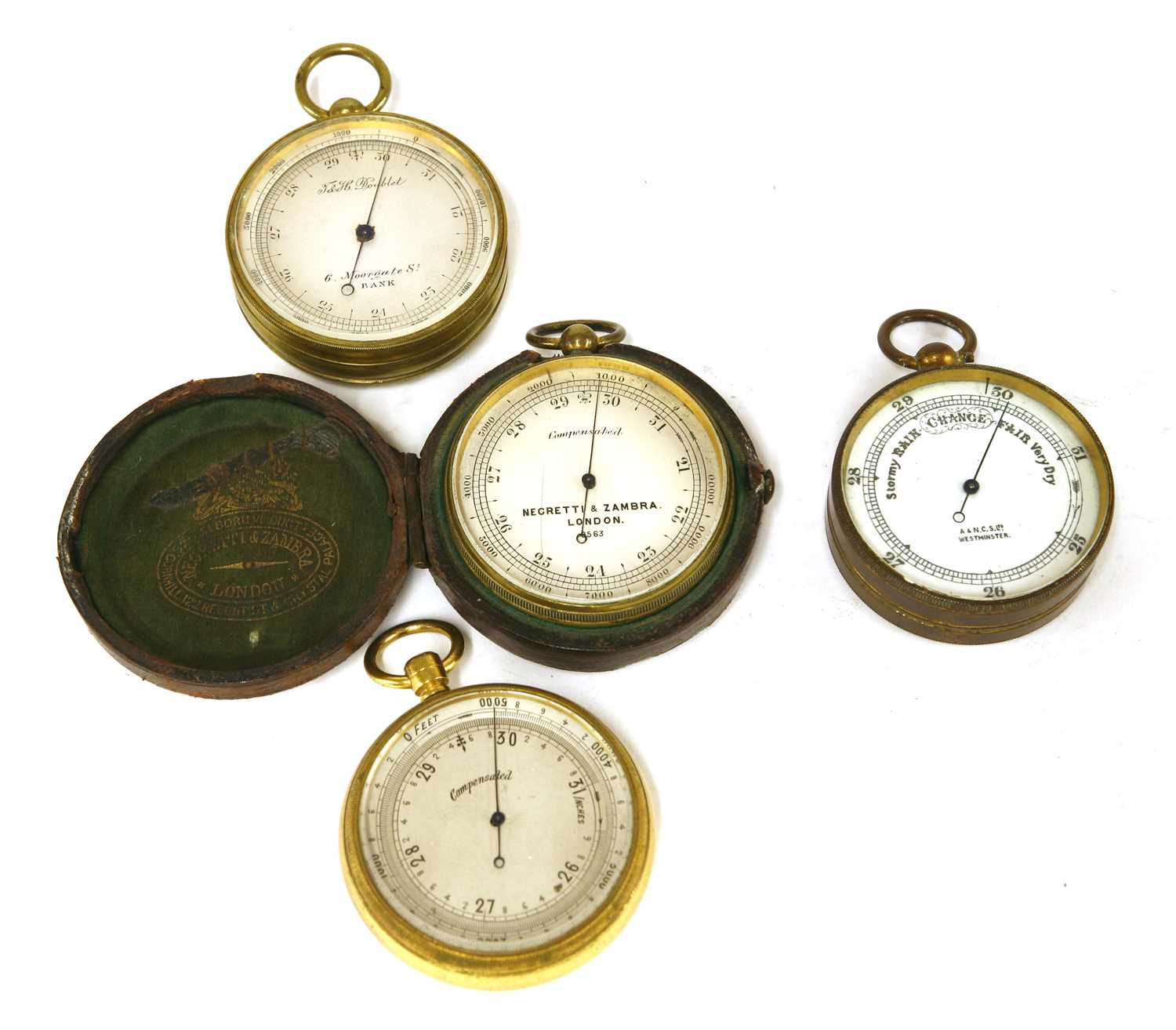 Four brass-cased pocket barometers,