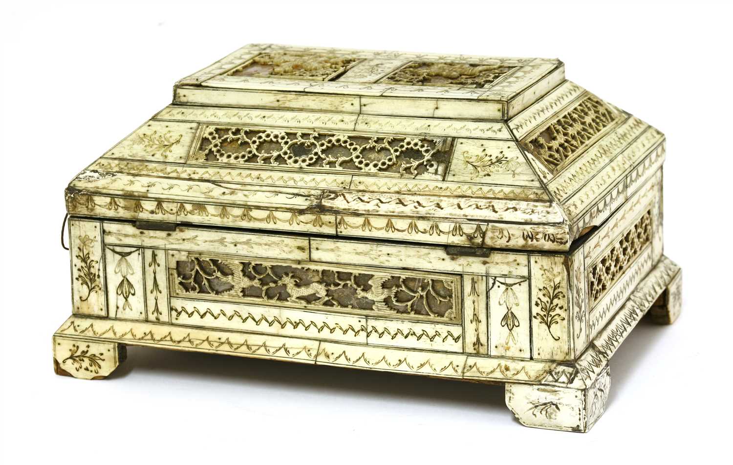 A Russian carved bone, foil and mica casket, - Image 2 of 5