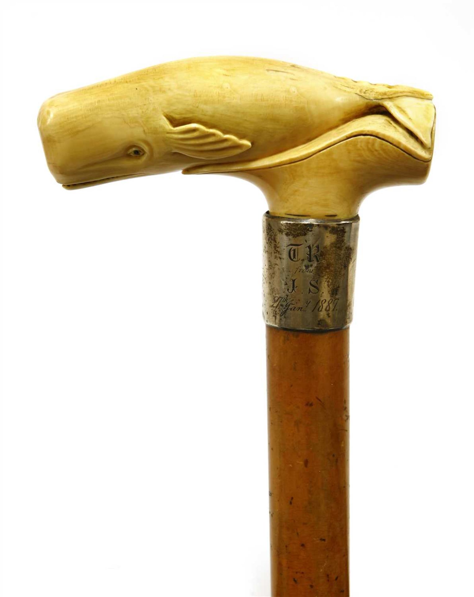 A marine ivory and malacca walking stick,