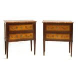 A pair of French mahogany and satinwood marble top commodes,