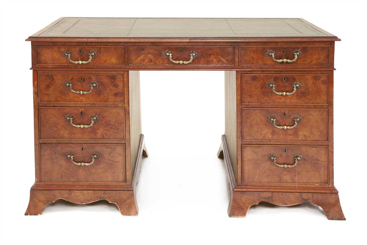 A burr elm twin pedestal desk,