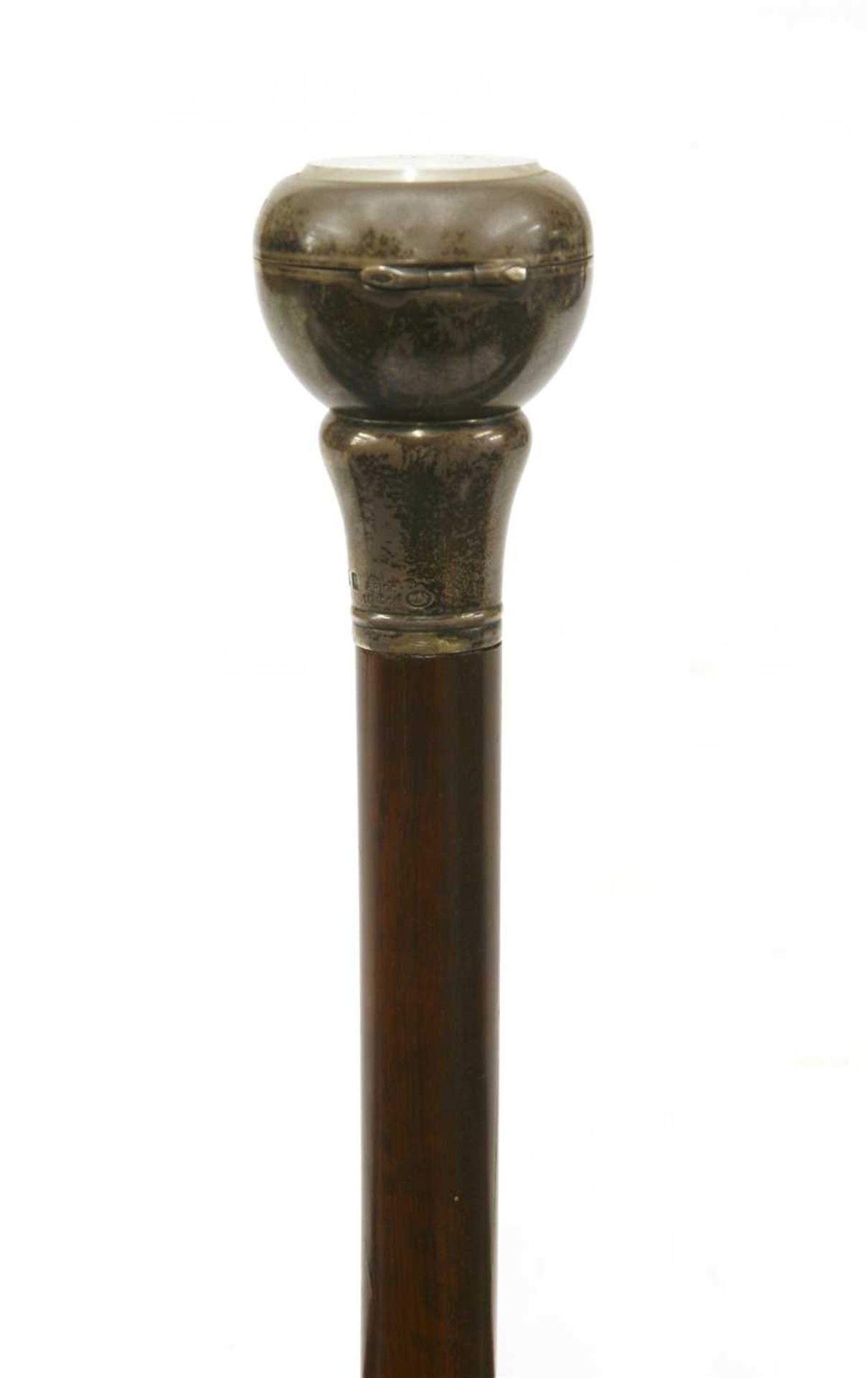 A George V silver and snakewood gadget walking stick by Brigg of London,
