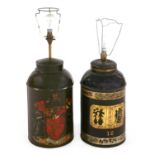 Two painted tin tea canister table lamps