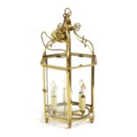 A hexagonal brass hall lantern,