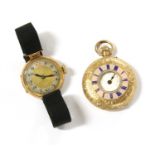 A gold half hunter pin set top wind fob watch,