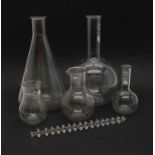 A collection of borosilicate glass lab equipment,