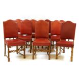 Ten 1920's red leather high back oak framed dining chairs