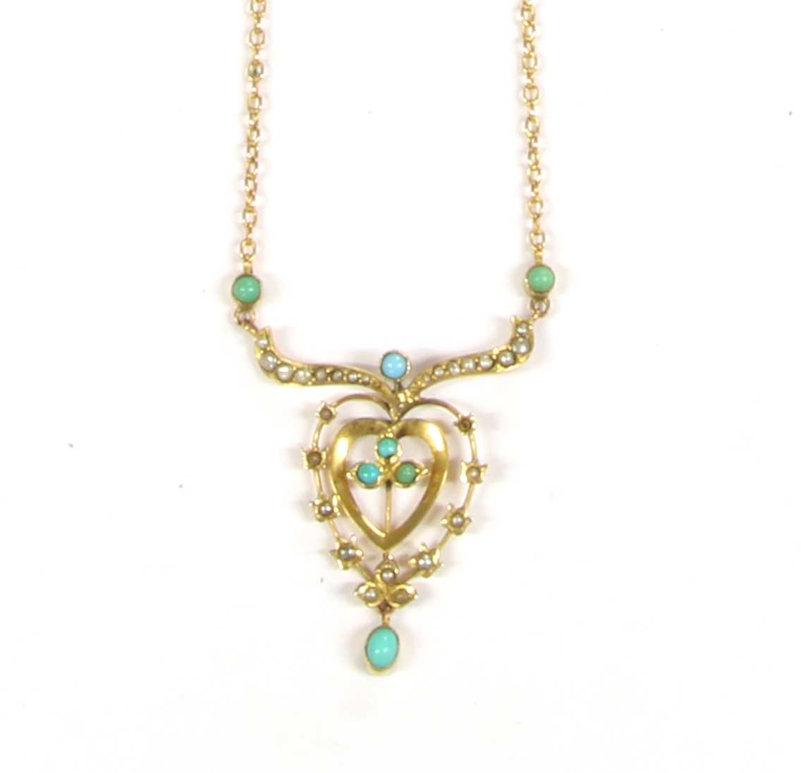 An Edwardian gold cabochon turquoise and seed pearl necklace, - Image 2 of 2