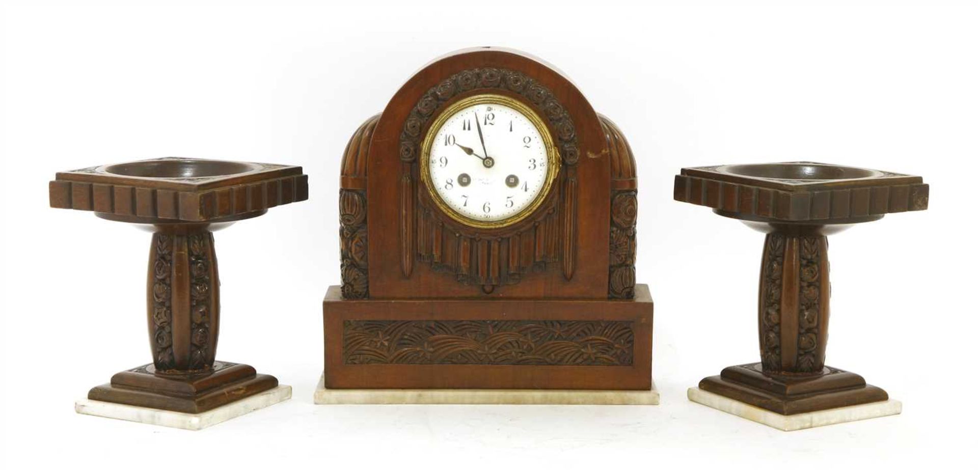 A French walnut clock garniture,