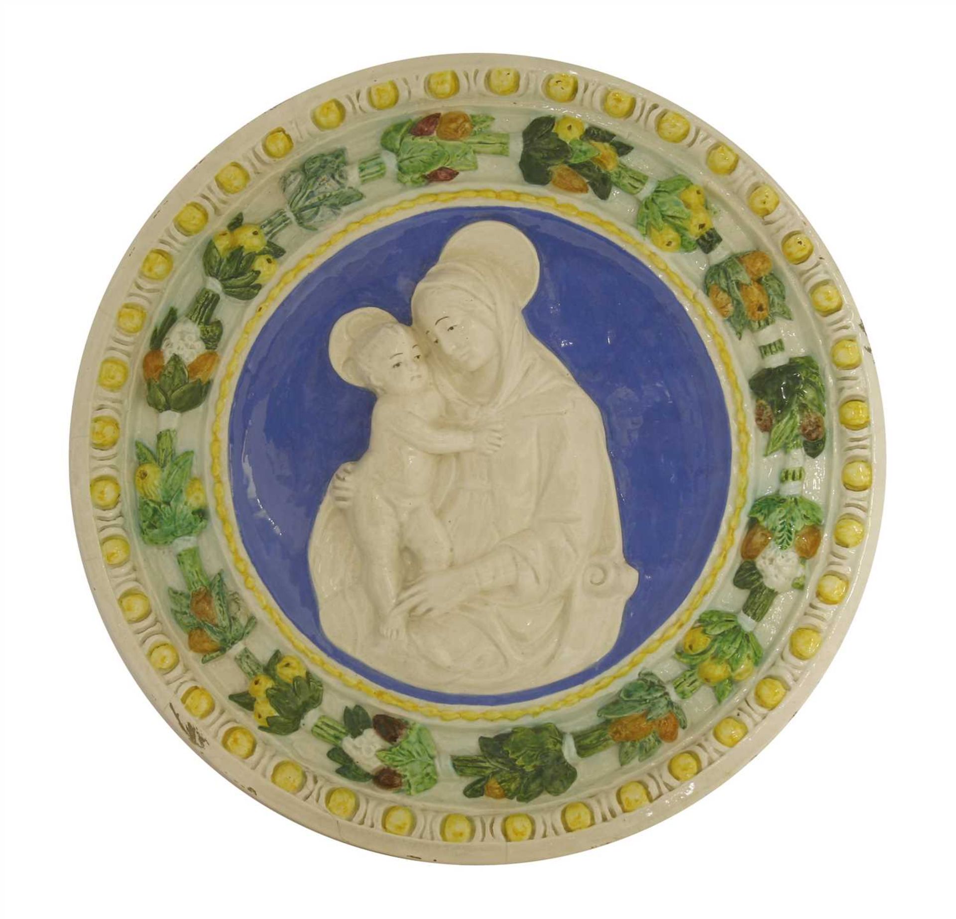 A Della Robbia pottery Madonna and Child tondo,