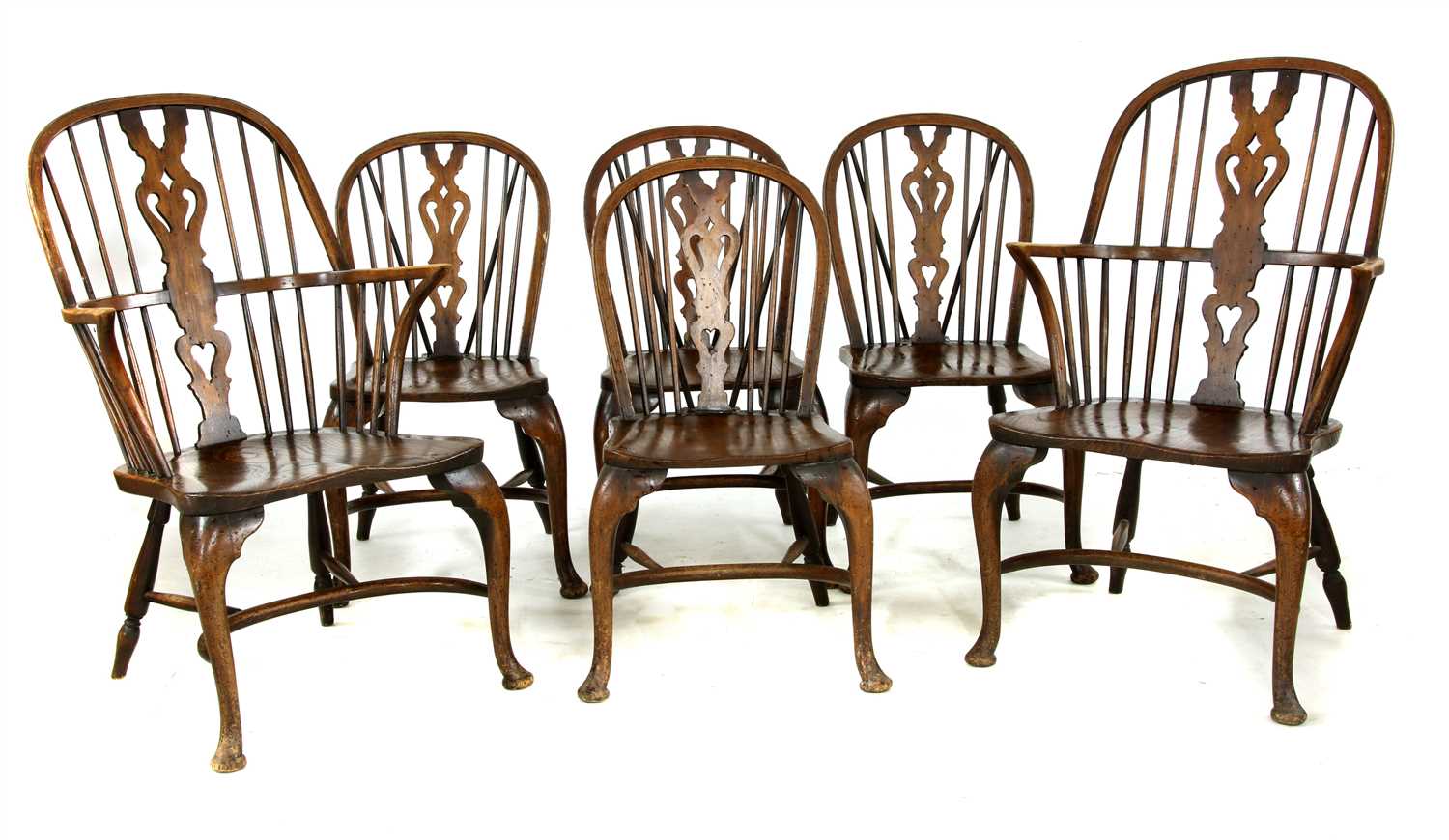 A set of six ash and elm Windsor chairs,
