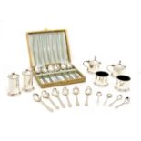 A George VI silver six piece cruet set,