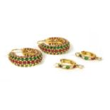 A pair of gold ruby and emerald hoop earrings,